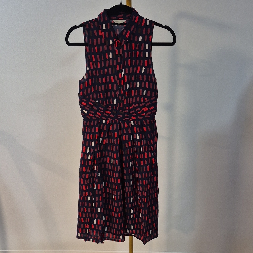 NWT Anthropologie Sleeveless Navy Blue and Red Patterned Dress
